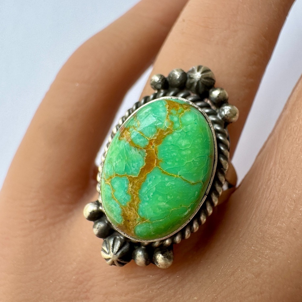 Navajo Sonoran Gold Turquoise Ring Sz 9 Sterling Signed F Stamp Native American